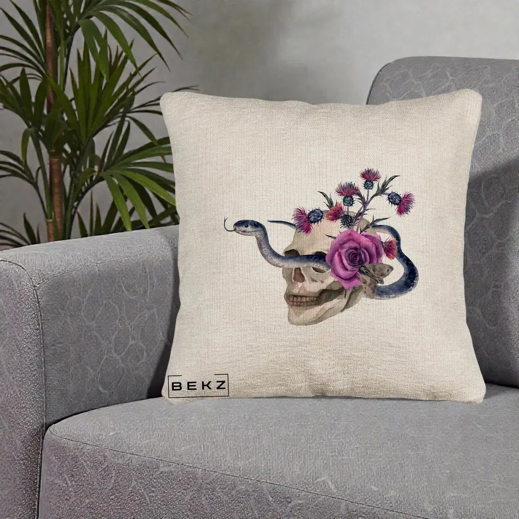 Perna Decorativa Craniu cu Sarpe si Trandafiri Gothic, 40x40 cm, Bej Canapea, Husa Detasabila, Perna Inclusa, BEKZ®