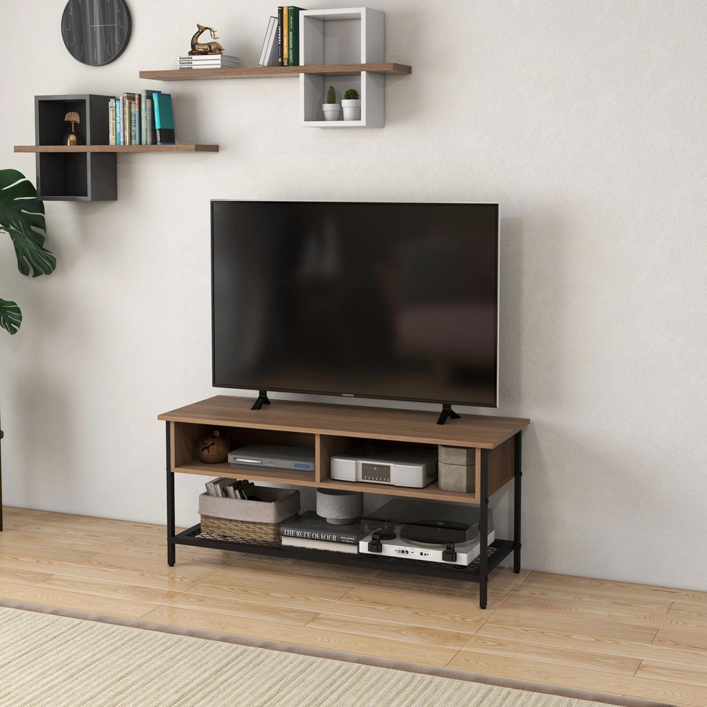 Dulap SuportTV pana la 48" in Stil Industrial, Mobiler Jos cu Rafturi din Lemn si Otel, 110x40x48cm, Maro si Negru HOMCOM | Aosom Romania