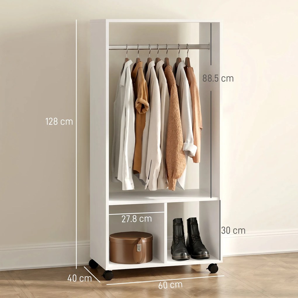 HOMCOM Cuier cu Bară din Aluminiu și 2 Rafturi Deschise, 60x40x128 cm, Alb | Aosom Romania