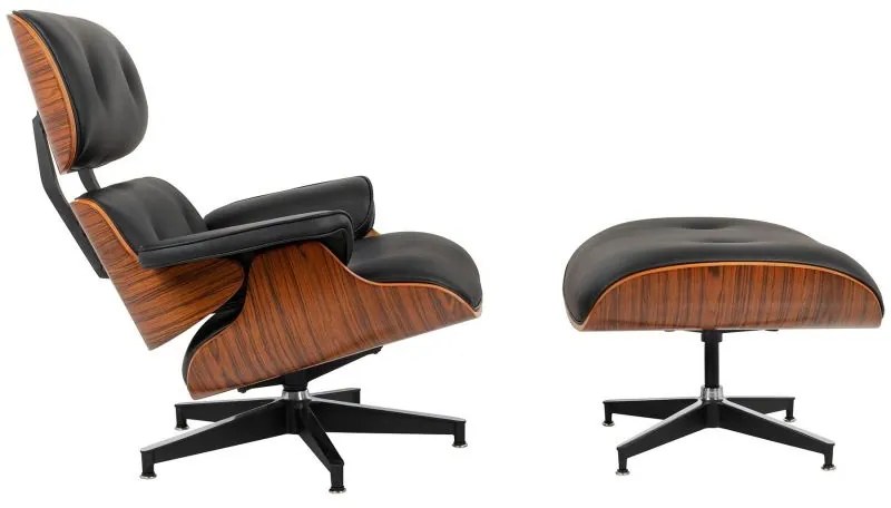 Fotoliu cu suport pentru picioare LOUNGE HM PREMIUM WIDE negru - placaj trandafir, piele naturala