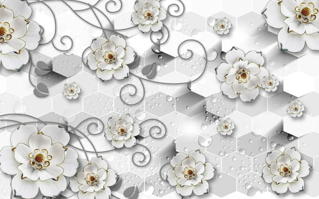 Tapet Premium Canvas - Abstract flori albe pe argintiu