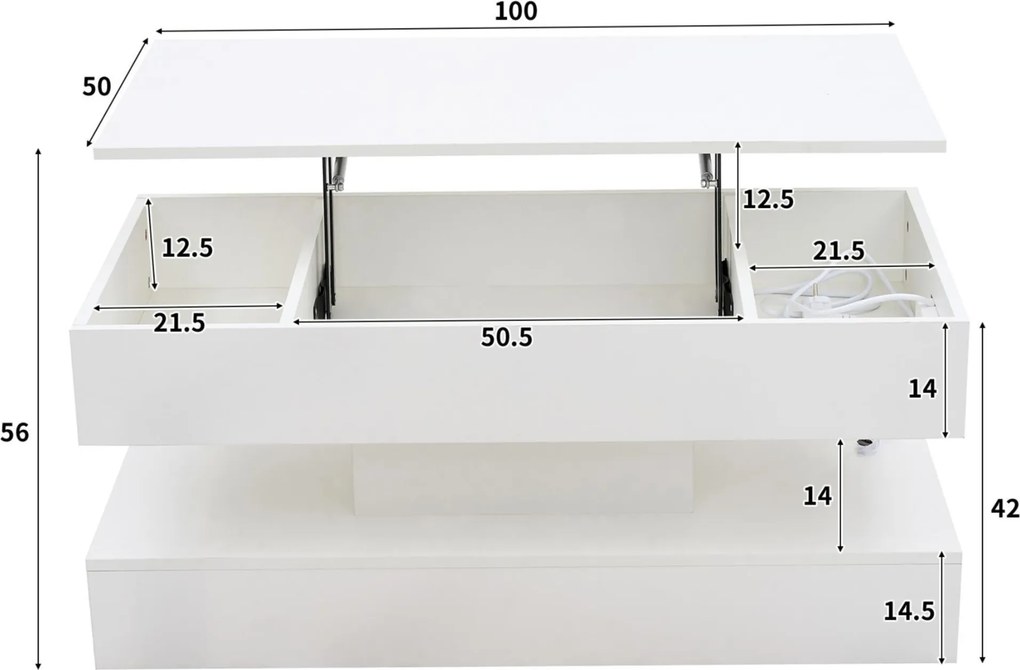 Masă de cafea modernă cu iluminare LED și spațiu de depozitare ascuns, măsuță laterală cu sistem hidraulic de ridicare, 100x50x42 cm, Alb