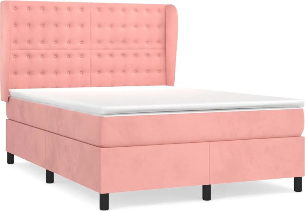 vidaXL Pat box spring cu saltea, roz, 140x190 cm, catifea