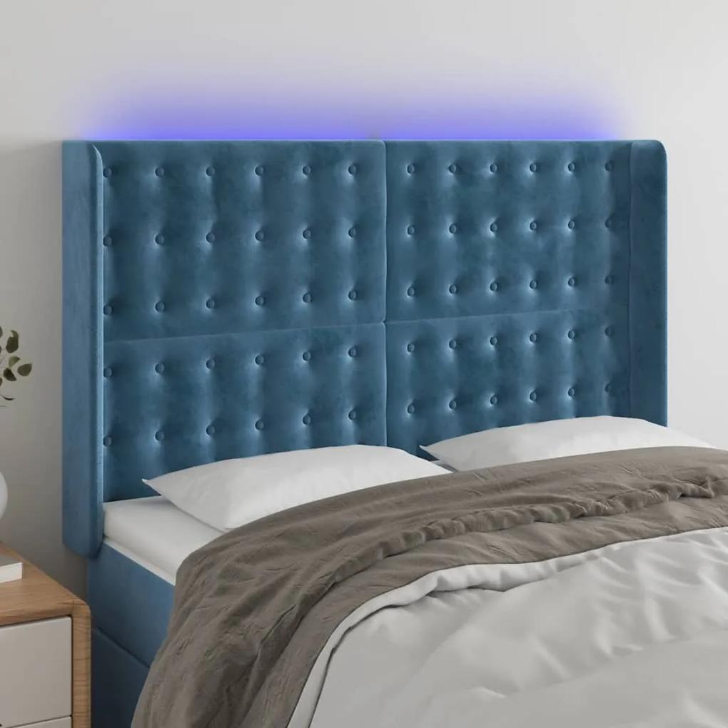 3124534 vidaXL Tăblie de pat cu LED, albastru închis, 147x16x118/128cm catifea
