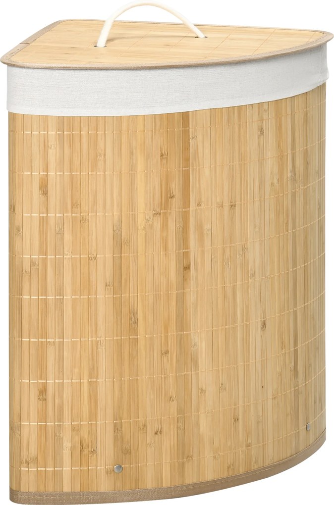 HOMCOM Coș de Rufe din Bambus cu Capac, Design Triunghiular Economisitor de Spațiu, 38x38x57 cm, Culoare Lemn | Aosom Romania