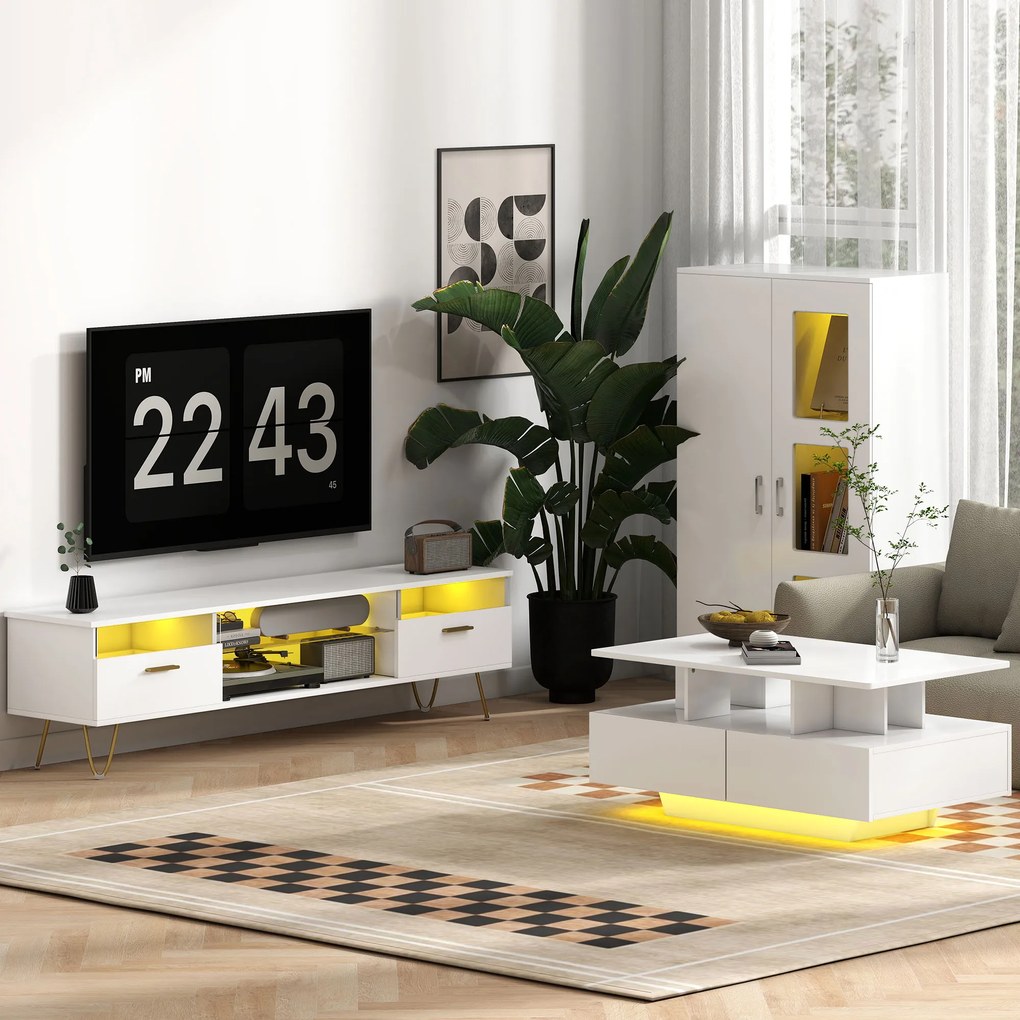 HOMCOM Bufet cu LED RGB 16 culori și telecomandă, finisaj lucios, uși vitrate, rafturi din sticlă, 71x35x126 cm, alb | Aosom Romania