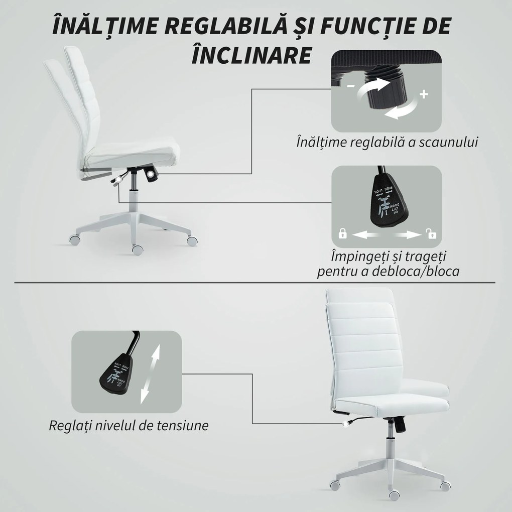 HOMCOM Scaun de Birou Ergonomic și Reglabil cu Spătar Curbat, din Piele PU și Oțel, 58x53x97-107 cm, Alb | Aosom Romania