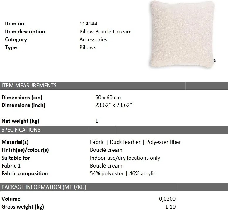 Perna decorativa LUX 60x60cm, Bouclé Cream L 114144 HZ