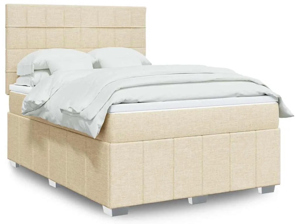 vidaXL Pat box spring cu saltea, crem, 140x200 cm, textil