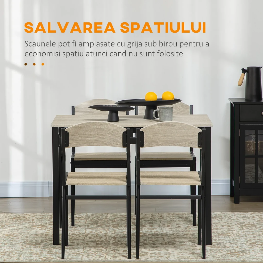 Set HOMCOM de Masă și 4 Scaune, Design Dreptunghiular, Oțel și MDF, Negru și Lemn Natural, 100x63x76.5cm și 45x40x82cm | Aosom Romania