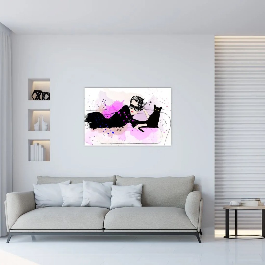 Tablou - Femeia cu pisică neagră (90x60 cm)