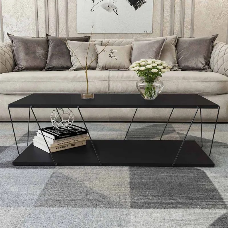 Resigilat: Masuta de cafea Kalune Design 854KLN2808, 120x50 cm, 2 nivele, Finisaj melaminat / Metal, Maro / Negru