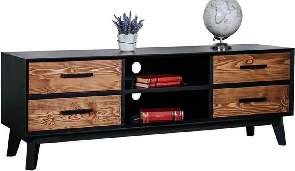 Comodă TV lemn masiv Timeless 4 Sertare 2 Nișe Negru, 146 × 40 × 48 cm