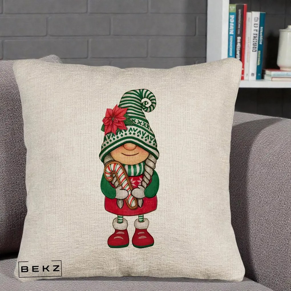 Perna Decorativa Gnom Craciun Verde cu Bomboane si Floare, 40x40 cm, Bej Canapea, Husa Detasabila, Perna Inclusa, BEKZ®