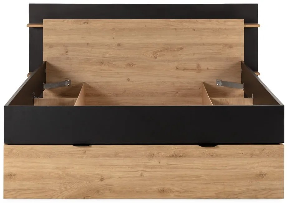 Pat matrimonial negru/în culoare naturală cu aspect de lemn de stejar cu spațiu de depozitare fără somieră 160x200 cm Albo – Marckeric