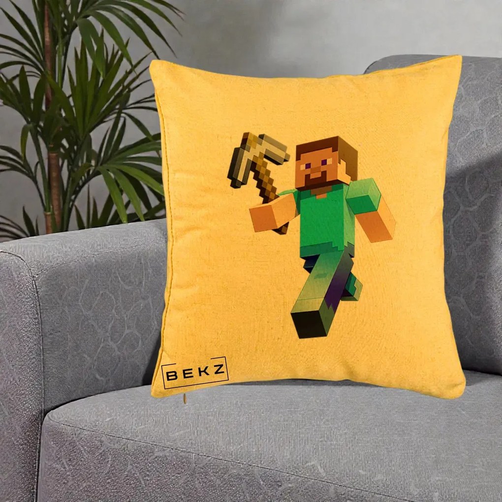 Perna Personalizata Minecraft Steve cu Tarnacop, 40x40 cm, Galben, Husa Detasabila, Perna Inclusa, BEKZ®