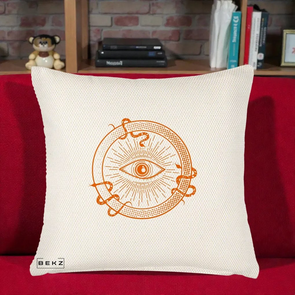 Perna Personalizata Ochiul Providentei Mistic Orange, 40x40 cm, Crem Reliefat, Husa Detasabila, Perna Inclusa, BEKZ®
