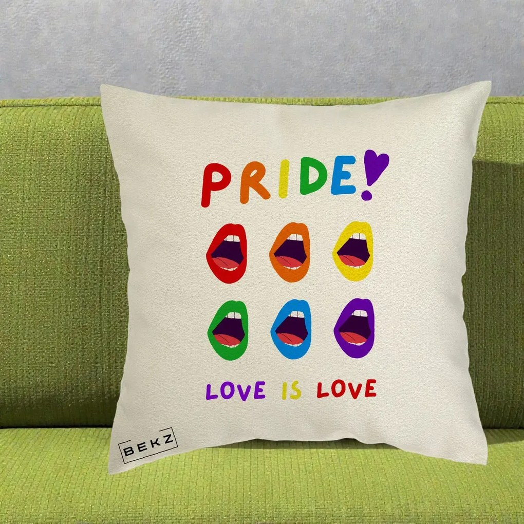 Perna Personalizata Pride Love is Love Curcubeu, 40x40 cm, Ecru, Husa Detasabila, Perna Inclusa, BEKZ®
