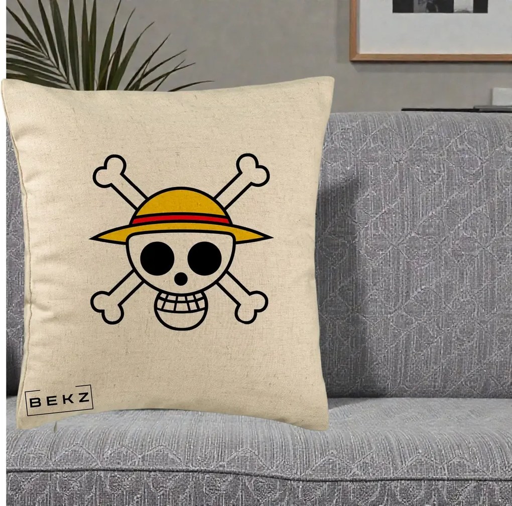 Perna Personalizata One Piece Jolly Roger Straw Hat Pirates, 40x40 cm, Bej, Husa Detasabila, Perna Inclusa, BEKZ®