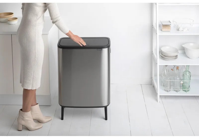 Cos de gunoi Brabantia Bo Touch Hi 1001265, 2x30 L, Perfect langa perete, Reglare pe picior, Rezistent la amprente, Inox/mat
