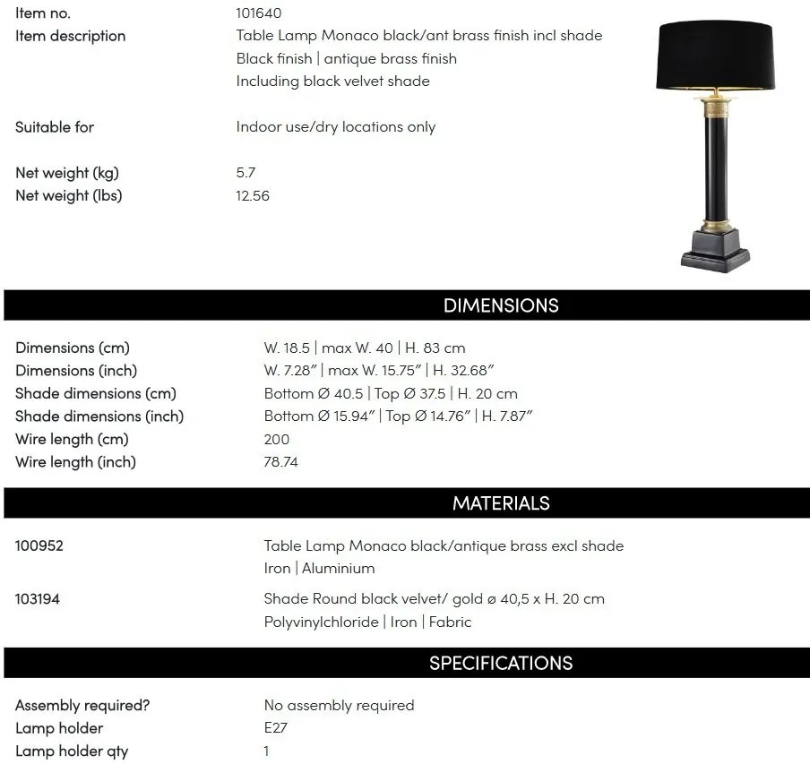 Veioza, lampa de masa LUX neagra, finisaj brass, H-83cm, Monaco 101640 HZ