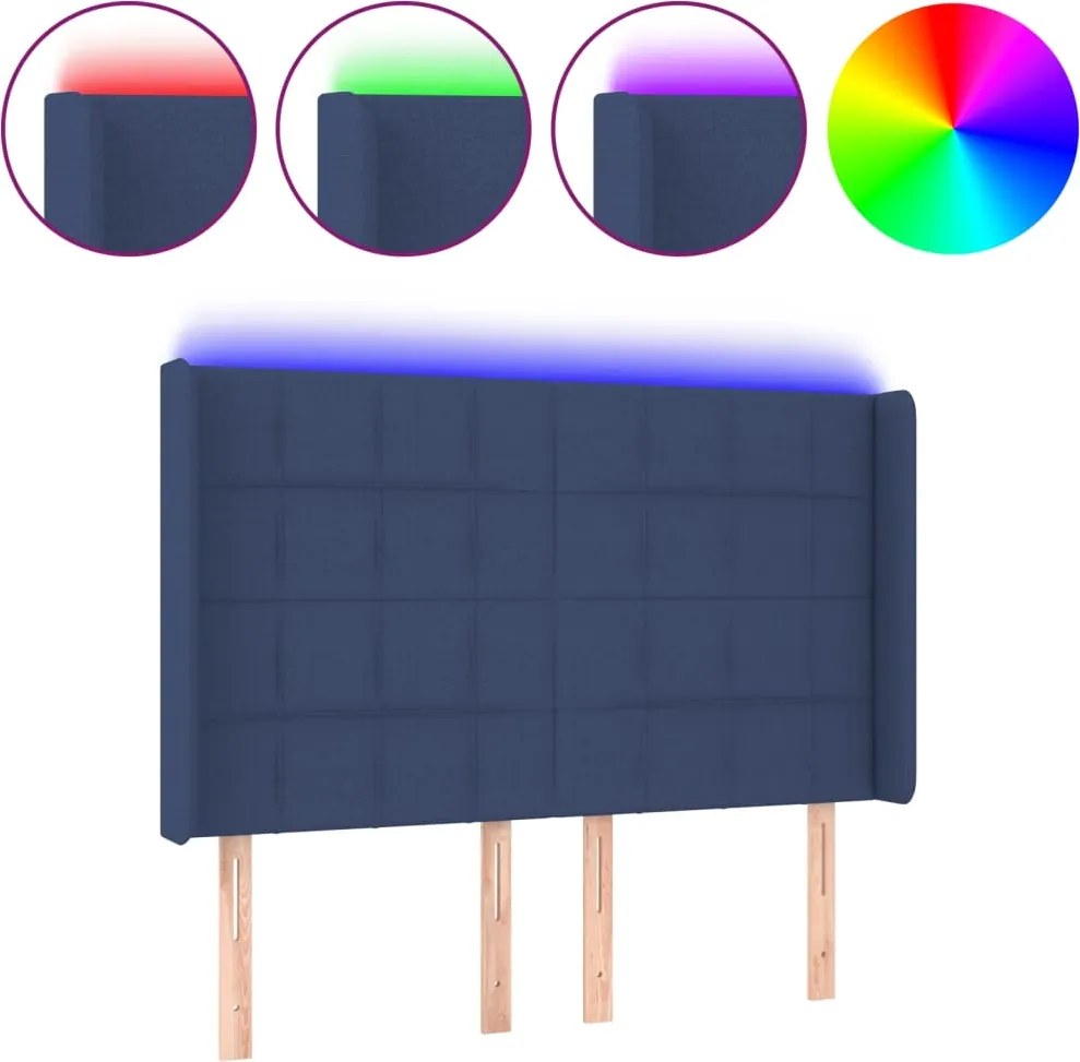 vidaXL Tăblie de pat cu LED, albastru, 147x16x118/128 cm, textil