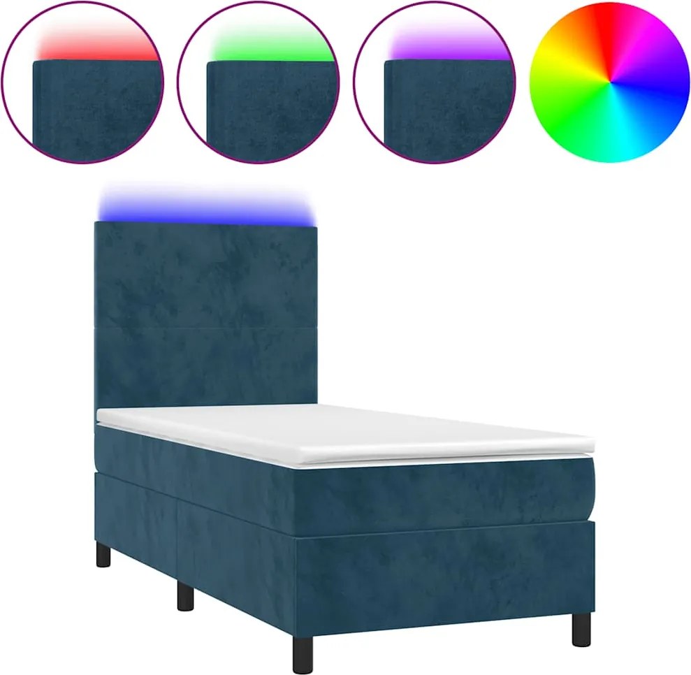 vidaXL Pat continental cu saltea&LED albastru închis 80x200 cm catifea