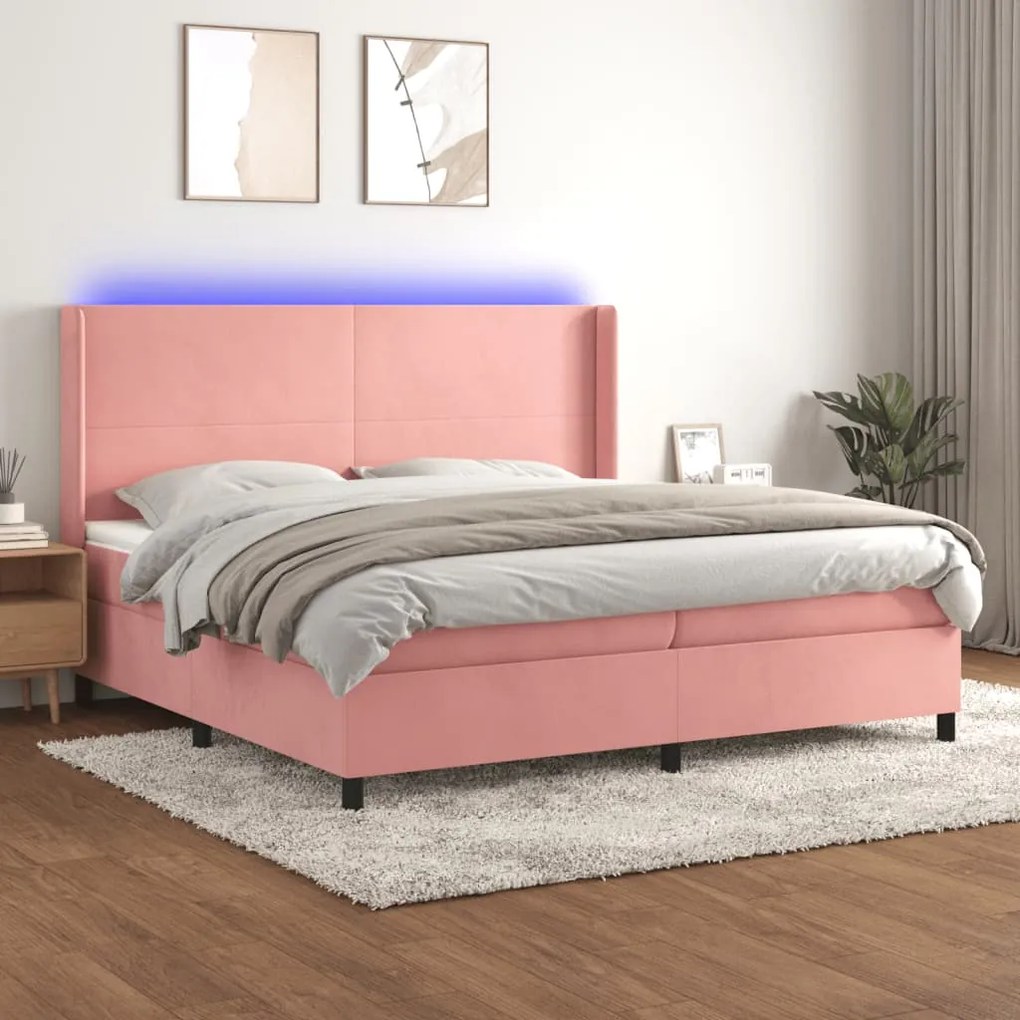 vidaXL Pat continental cu saltea &amp; LED, roz, 200x200 cm, catifea