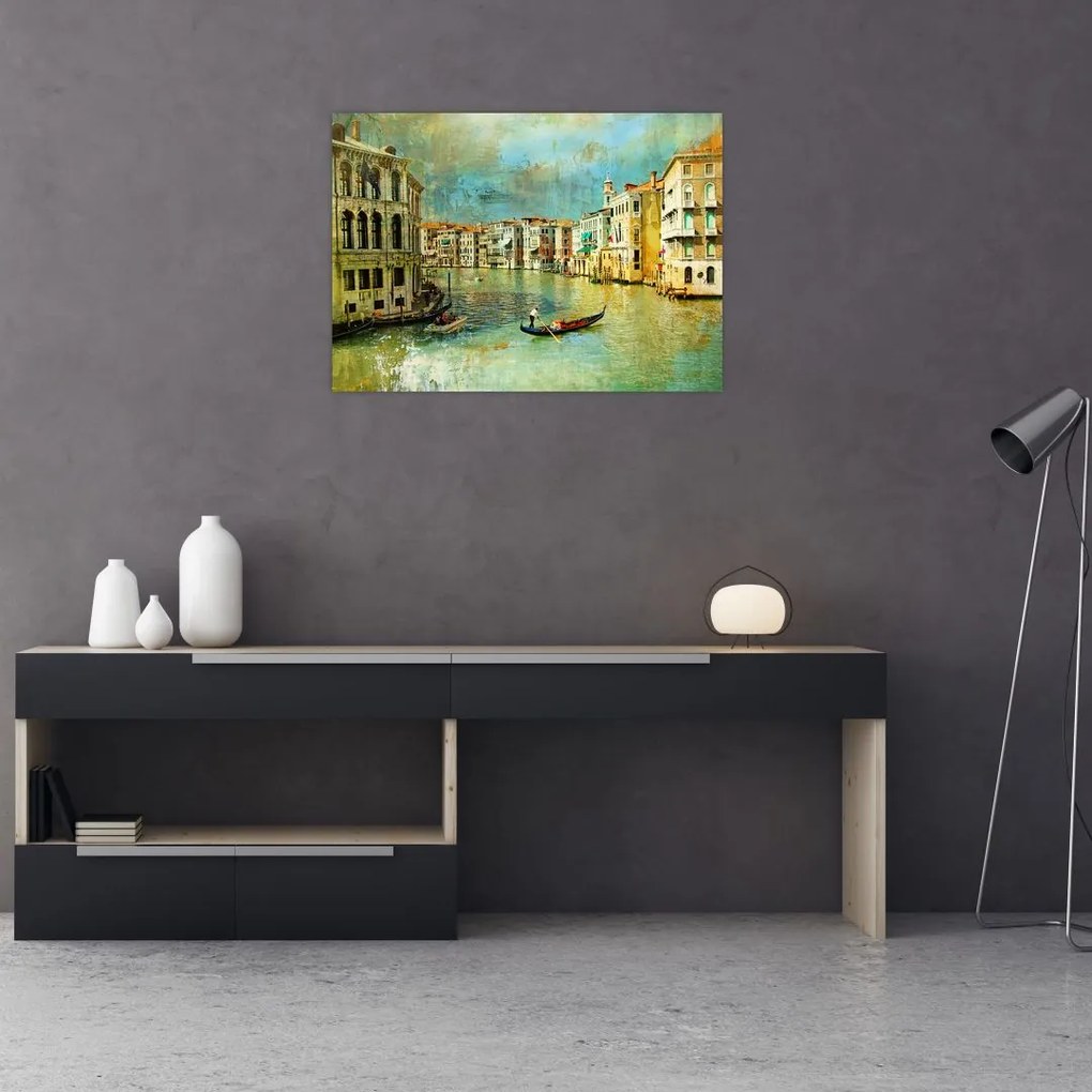 Tablou pe sticlă - Canalul de la Veneția și gondole (70x50 cm)