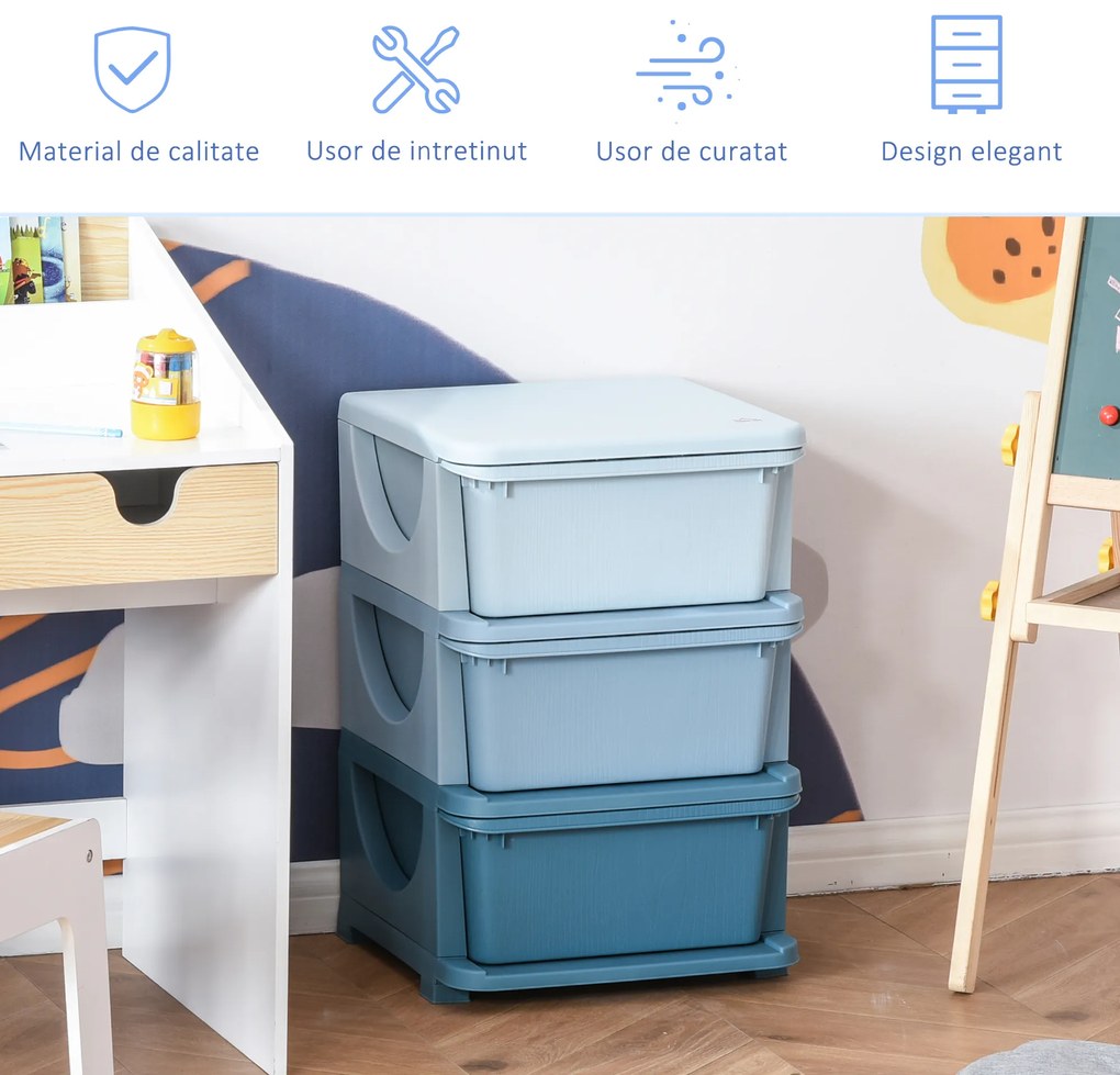 HomCom dulap cu 3 sertare din plastic, ideal pentru depozitarea jucăriilor copiilor, 37x37x56.5 cm, capacitate 10 kg/sertar | Aosom Romania