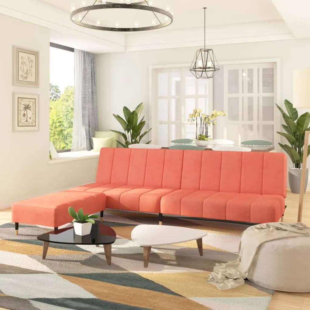 3081790 vidaXL Canapea extensibilă cu 2 locuri și taburet, roz, catifea