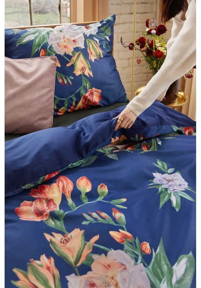 Lenjerie de pat din bumbac satinat pentru pat dublu Bonami Selection Floret, 160 x 200 cm, albastru marin