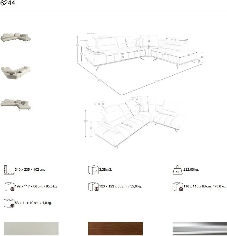 Coltar LUX design italian cu sezlong dreapta Cowhide gri deschis