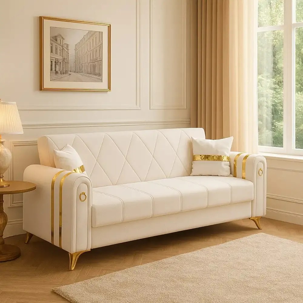 Canapea extensibila cu lada de depozitare 220x87x93 cm , bej si detalii aurii –Camara