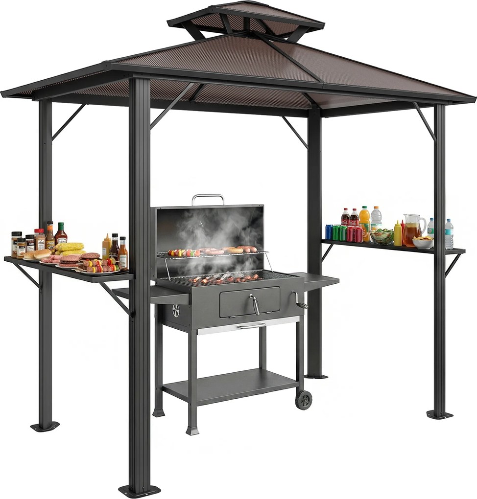 Outsunny Pavilion pentru grătar 2,5 x 1,5 m, adăpost impermeabil cu acoperiş dublu din policarbonat, raft lateral, maro | Aosom Romania