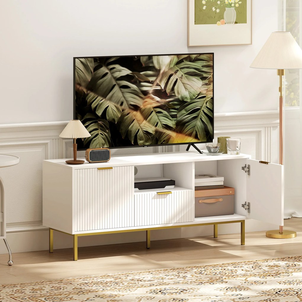 HOMCOM Comodă TV, mobilier TV pentru 127 cm cu 2 uși cu închidere silențioasă, sertar și compartiment deschis, 120x39x54cm, alb | Aosom Romania