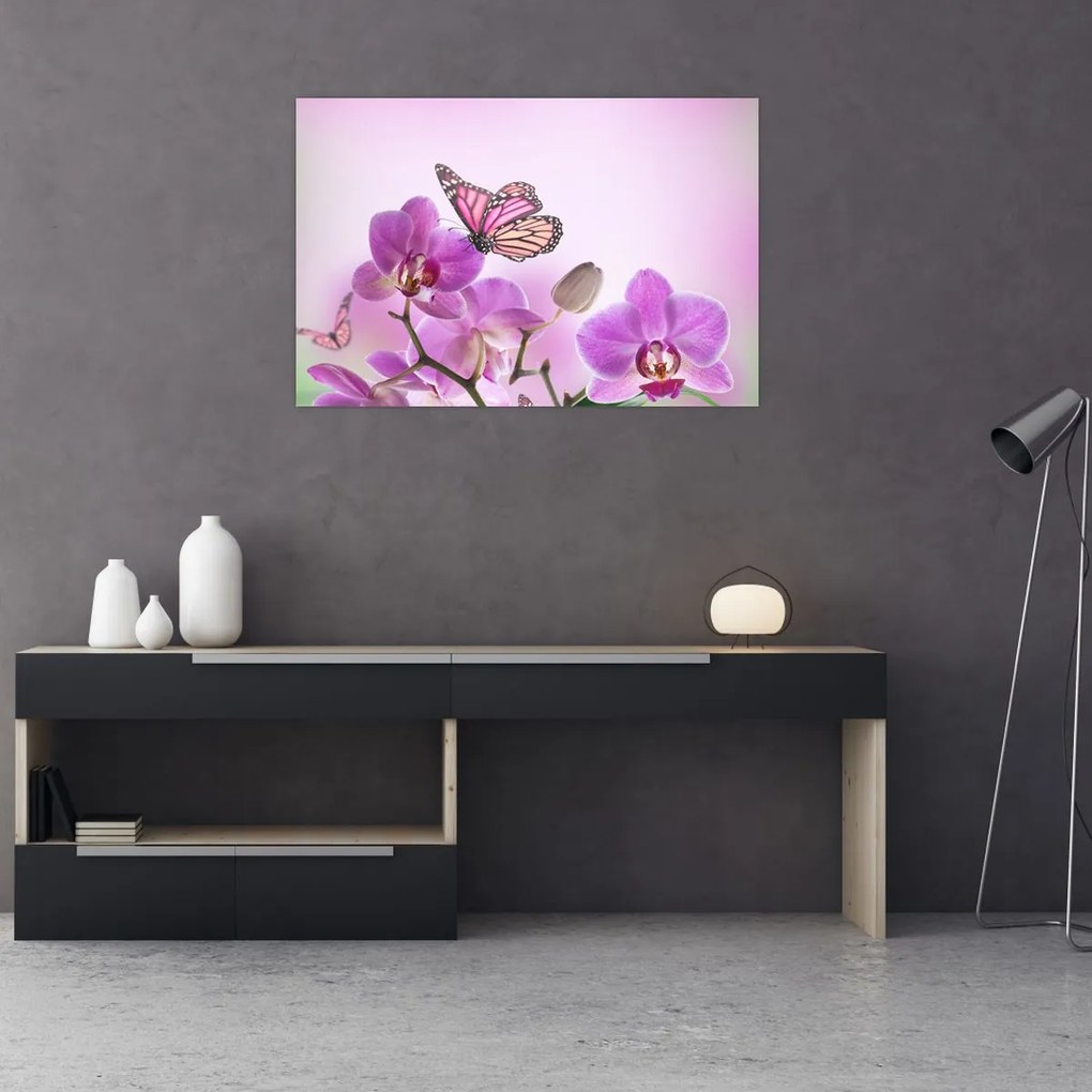 Tablou - Fluture pe flori de orhidee, liliac (90x60 cm)