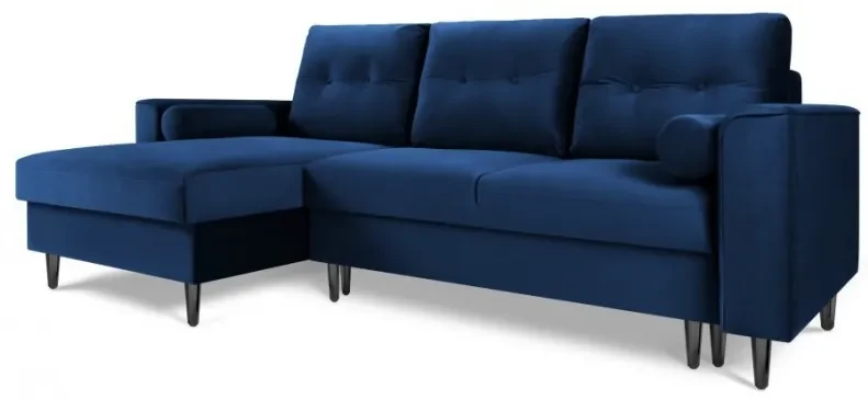 Coltar extensibil 4 locuri Leona, colt pe partea stanga cu tapiterie din catifea si picioare din metal negru, albastru royal