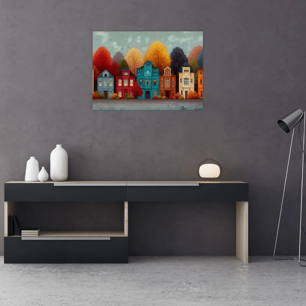 Tablou pe sticlă - Oraș de toamnă pictat (70x50 cm)