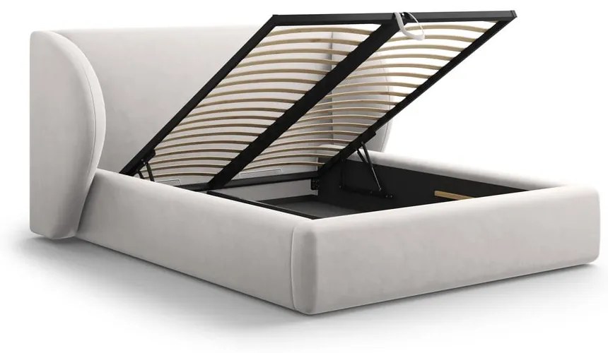 Pat dublu gri deschis tapițat cu spațiu de depozitare și somieră 160x200 cm Miley – Micadoni Home