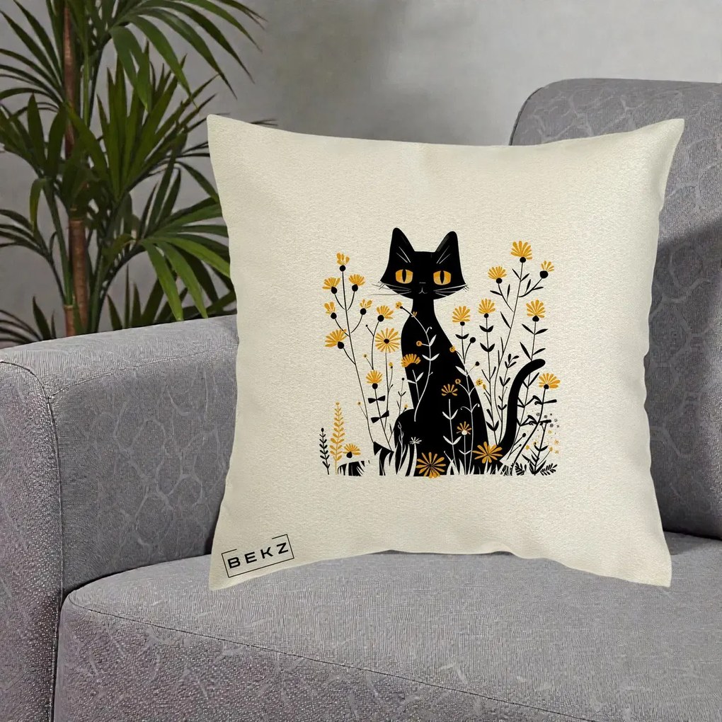 Perna Decorativa Pisica Neagra Ochi Galbeni Flori Galbene, 40x40 cm, Ecru, Husa Detasabila, Perna Inclusa, BEKZ®