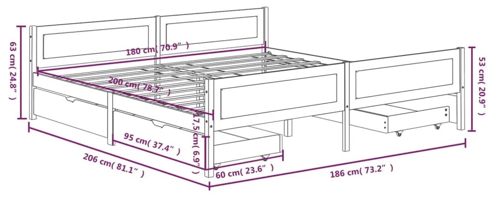 Cadru de pat cu 4 sertare maro inchis 180x200 cm lemn masiv pin Maro inchis, 180 x 200 cm, 4 Sertare