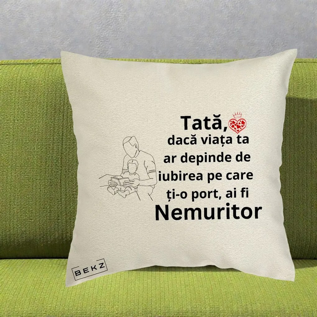Cadou pentru Tata - Perna Personalizata Tata Nemuritor Lectura, 40x40 cm, Ecru, Husa Detasabila, Perna Inclusa, BEKZ®