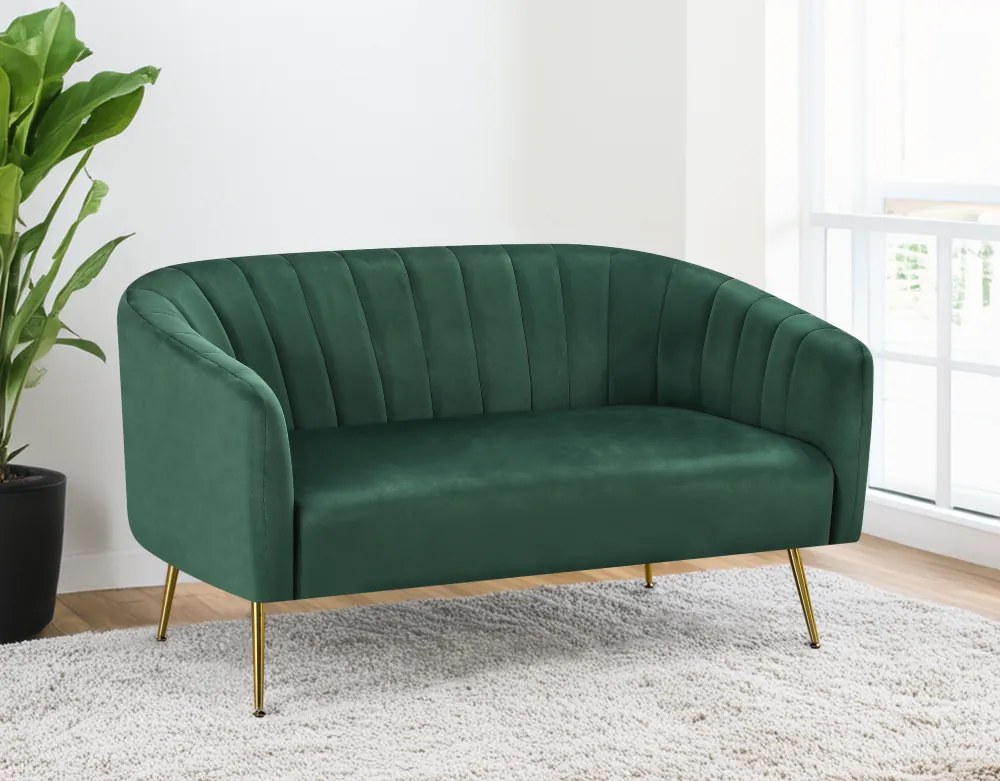 Canapea de design cu 2 locuri, ţesătură Velvet verde închis/gold crom-auriu, BAGY