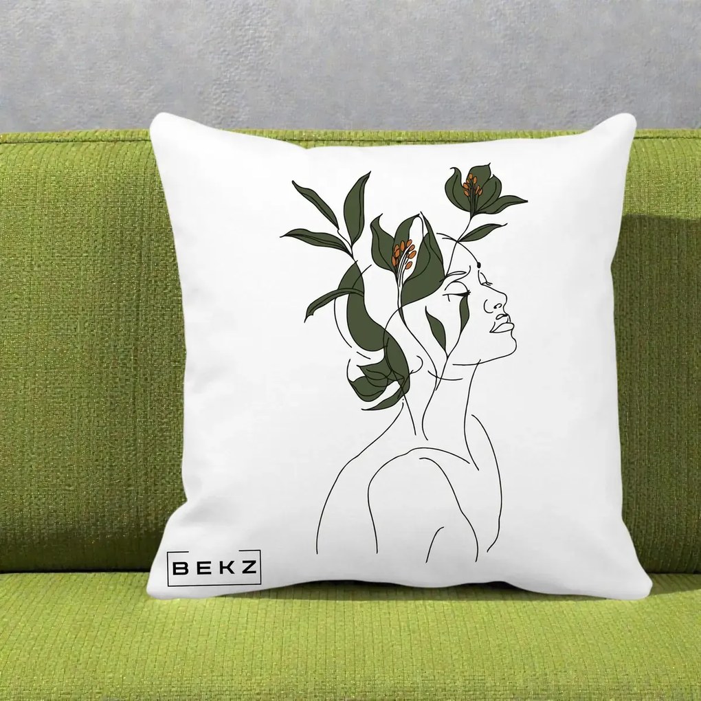 Perna Decorativa Portret Feminin Crin Verde, 40x40 cm, Alba Mata, Husa Detasabila, Perna Inclusa, BEKZ®