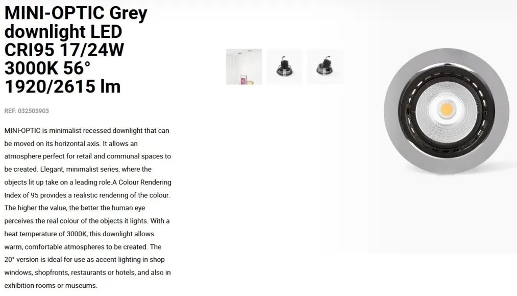 Spot LED incastrabil MINI-OPTIC Grey downlight LED CRI95 17/24W 3000K 56° 1920/2615 lm