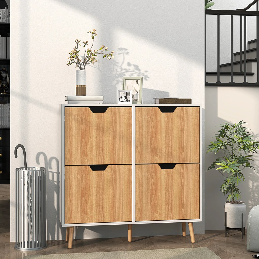 HOMCOM Dulap pentru pantofi 4 uși rabatabile 16 perechi cu etajeră reglabilă picioare din lemn de pin 95 x 26 x 95 cm natural | Aosom Romania