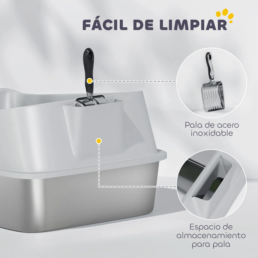 PawHut Arenero pentru Pisici din Oțel Inoxidabil XXL cu Margini Înalte Lopată Ușor de Curățat Test de Scurgeri 70x50x30 cm Gri | Aosom Romania