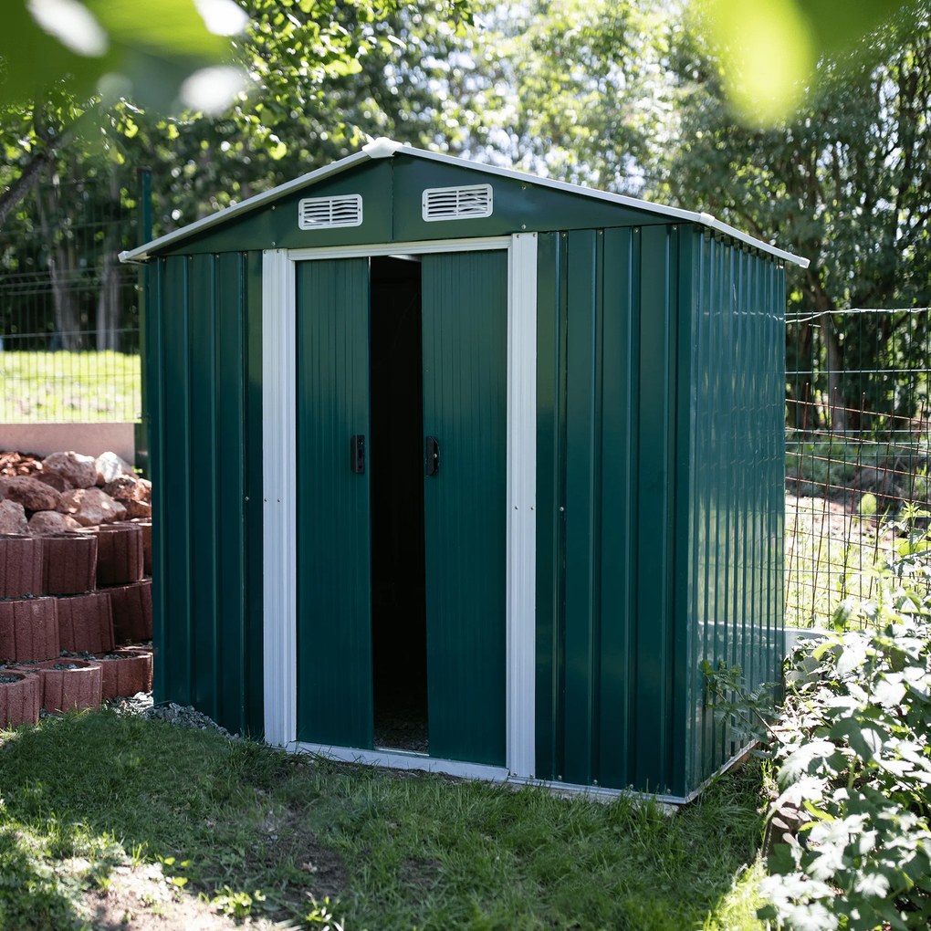 Căsuţă pentru grădină din tablă pentru scule, verde / alb, 2x1,3x1,8 m, HAMAL TIP 1