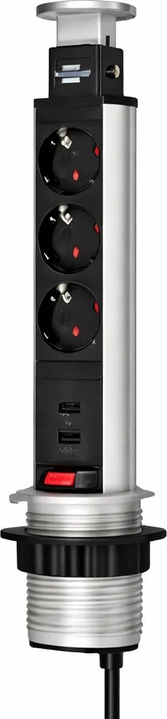 Priză încorporabilă în blat Lift Box Design Light, 3 prize Schuko, 2 porturi USB, aluminiu, D:71 mm Aluminiu, Metal/Plastic, D:71 mm; H:328 mm